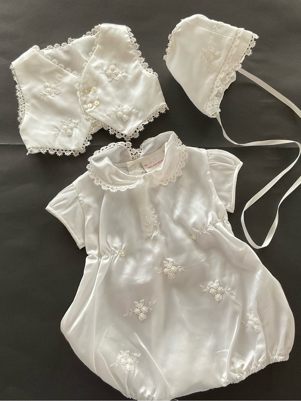White Baby Christening Outfit Set -Romper Bonnet & Vest